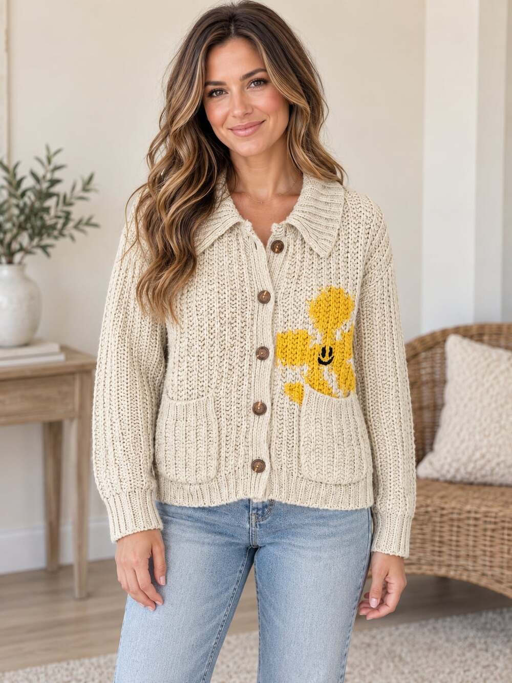Pilcro Anthropologie Happy Flower Chunky Knit Wool Cardigan Beige M